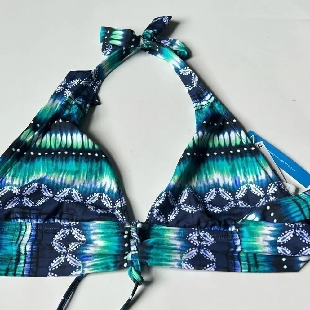 Bleu by Rod Beattie Lace-Up Halter Bikini Top Women's 14 Navy Blue padded swim
